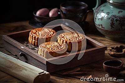 Mooncakes on the wooden background. Generative ai Stock Photo