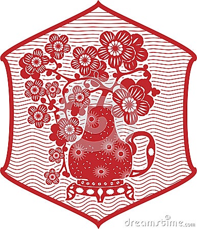 Traditional Chinese red paper clippings, imitation. Sakura branches in a jug Vector Illustration