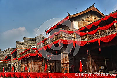 Traditional chinese restaurant decorated with red cloth Editorial Stock Photo
