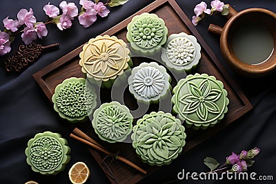 Traditional Chinese skin mooncakes for mid autumn festival with fruit, taro and matcha paste Stock Photo