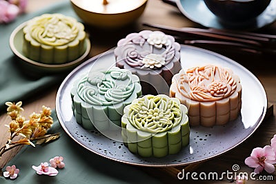Traditional Chinese skin mooncakes for mid autumn festival with fruit, taro and matcha paste Stock Photo