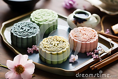 Traditional Chinese skin mooncakes for mid autumn festival with fruit, taro and matcha paste Stock Photo