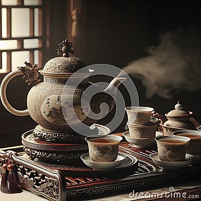 Traditional Chinese tea setup including a beautifully crafted porcelain teapot and teacups Stock Photo