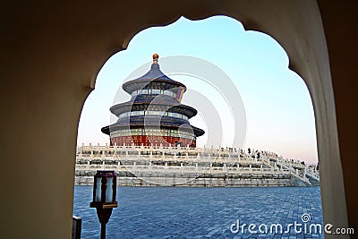 The arched entrance in front of the Tiantan Sky Temple in the evening Stock Photo