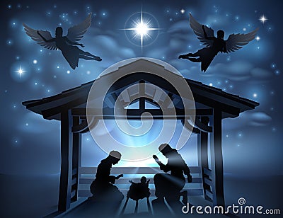 Christmas Nativity Scene Jesus Manger Silhouette Vector Illustration