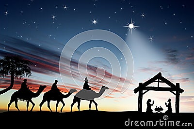Traditional Christian Christmas Nativity scene with the three wi Stock Photo