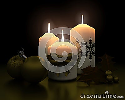 Traditional christmas candle and decorations Stock Photo