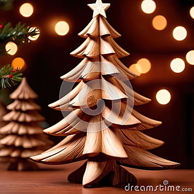 Traditional christmas decoration hand carved wooden christmas tree, holiday ornament Stock Photo