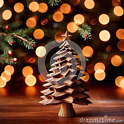 Traditional christmas decoration hand carved wooden christmas tree, holiday ornament Stock Photo