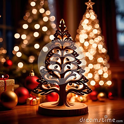 Traditional christmas decoration hand carved wooden christmas tree, holiday ornament Stock Photo