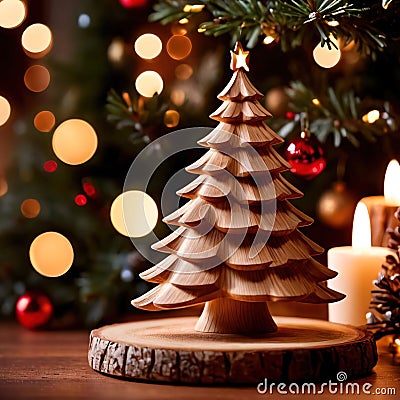 Traditional christmas decoration hand carved wooden christmas tree, holiday ornament Stock Photo