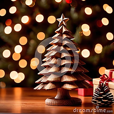 Traditional christmas decoration hand carved wooden christmas tree, holiday ornament Stock Photo