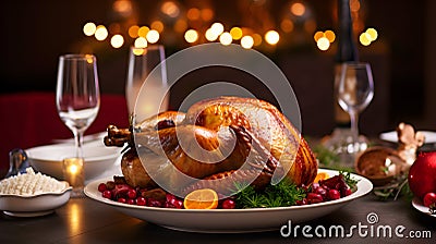 Traditional Christmas dinner with roasted turkey. AI generated image Stock Photo