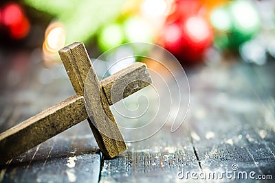 Traditional Christmas Holiday Ornaments and Christian Cross on a Stock Photo