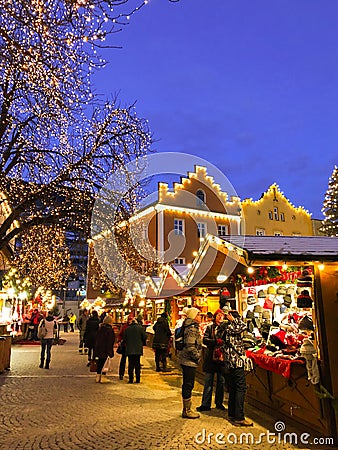 Traditional christmas market in the main square of Vipiteno Sterzing at night, Alto Adige Editorial Stock Photo