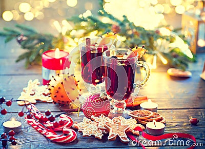 Traditional Christmas mulled wine hot drink. Holiday Christmas table Stock Photo