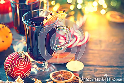 Traditional Christmas mulled wine hot drink. Holiday Christmas table Stock Photo