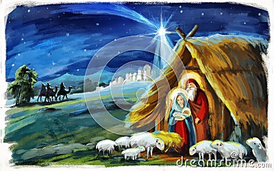 Religious illustration three kings - and holy family - tradition Stock Photo