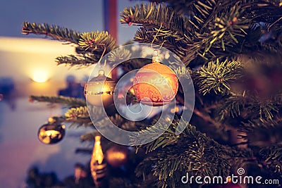 Traditional Christmas tree with Christmas decoration, close up of Christmas bauble. Postcard Stock Photo