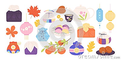 Traditional chuseok festival elements. Korean lucky bags, orange tree and cookies. Oriental chinese autumn, racy food Vector Illustration