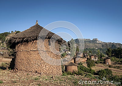 Traditional circular ethiopian tukul village houses in lalibela ethiopia Stock Photo