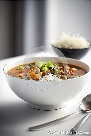 Traditional classic gumbo served on a white table with a blurred modern white kitchen background Stock Photo