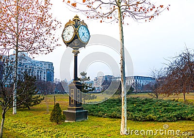 Traditional clock in Parcul Unirii park, Bucharest Stock Photo