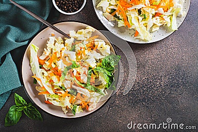 Traditional cole slaw salad of cabbage, carrots and greens on a plate top view Stock Photo