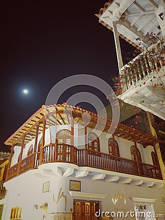 Colombian colonial architecture in Cartagena Colombia with detailed balconies Editorial Stock Photo