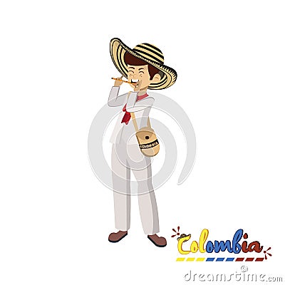 Traditional colombian man playing flute Cartoon Illustration