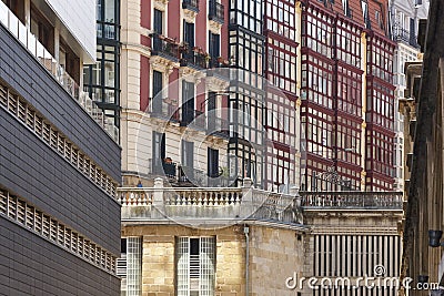 Traditional colored buildings in Bilbao downtown. Tourism in Spain Stock Photo