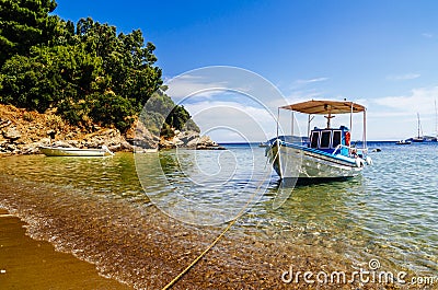 Traditional colorful boats in old town of Skiathos island, Sporades, Greece Stock Photo