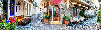 Traditional colorful Greece - charming old streets of Skiathos. Stock Photo