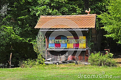 Traditional colorful and picturesque wooden bee hive in Slovenia Editorial Stock Photo