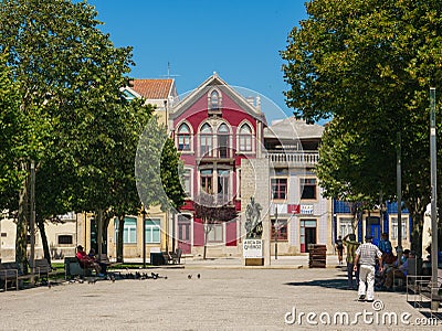 Traditional colorful Portuguese houses in Almada Square, Povoa de Varzim, Portugal Editorial Stock Photo