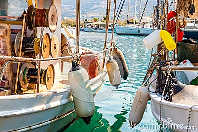 Traditional colorful wooden fishing boats in Palaia Epidaurus, Greece Stock Photo