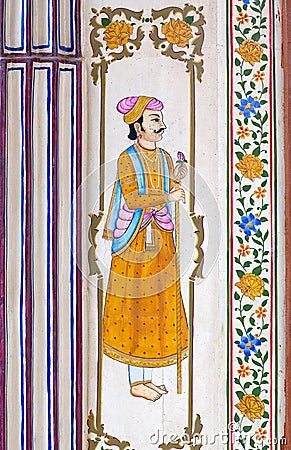 Traditional colourful wall painting at old haveli in Jaipur, Rajasthan, India Stock Photo