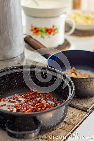 Traditional cooking on a historical oven Stock Photo