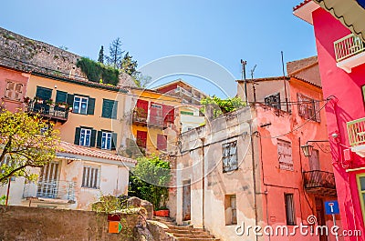 Traditional cozy greek street in city Nafplio, Greece Stock Photo