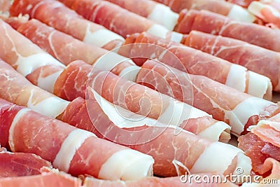 Traditional croatian food prsut, ham bacon meat, closeup Stock Photo