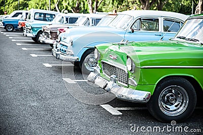 Traditional cuban cars parked in row, retro american oldtimer. Editorial Stock Photo