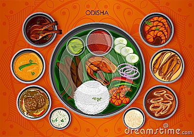 Traditional cuisine and food meal thali of Odisha India Vector Illustration