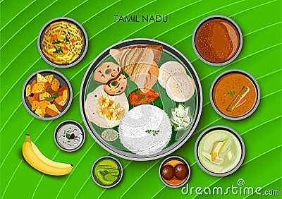 Traditional cuisine and food meal thali of Tamil Nadu India Vector Illustration