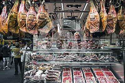 Meat and sausage shop in la boqueria market barcelona spain Editorial Stock Photo