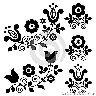 Retro polish folk art vector design elements with flowers perfect for greeting card or wedding invitation in black and white Stock Photo