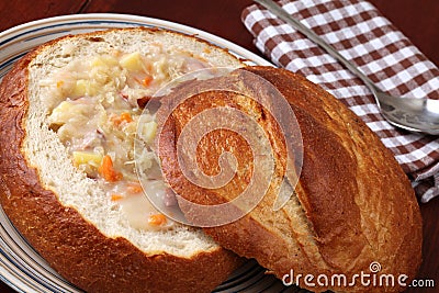 Traditional Czech cabbage soup in a bread bowl Stock Photo