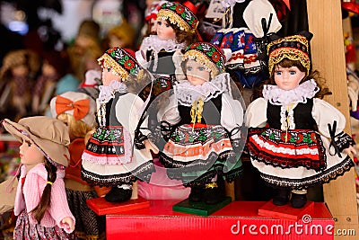 Traditional Czech dolls. Tourist souvenirs in the center of Prague. Stock Photo