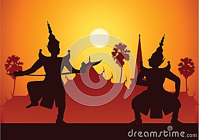 traditional dance drama art of Thai classical masked.Thai ancient literature performance,Ramayana,king ready to fight with king o Vector Illustration