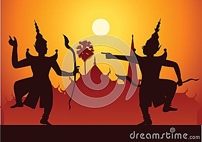 traditional dance drama art of Thai classical masked.Thai ancient literature performance,Ramayana,king ready to fight with king o Vector Illustration