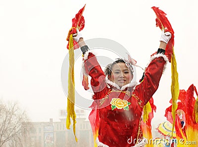 Traditional dance Yangge in the snow Editorial Stock Photo